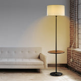 Mateo Modern Floor Lamp with Wooden Table Shelf + Black Italian Marble Base