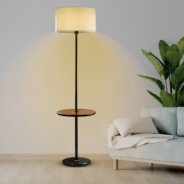 Mateo Modern Floor Lamp with Wooden Table Shelf Black Italian Marble Base