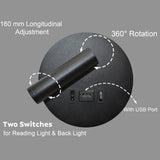 Rotatable USB Black Wall Lamp