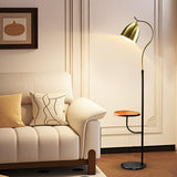 Clive Modern Floor Lamp with Wooden Table Shelf and Black Italian Marble Base