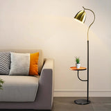 Clive Modern Floor Lamp with Wooden Table Shelf and Black Italian Marble Base