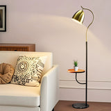 Clive Modern Floor Lamp with Wooden Table Shelf and Black Italian Marble Base
