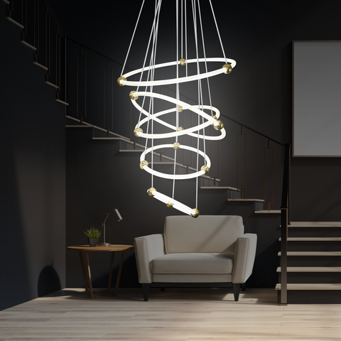 Mello Gold 5 Rings Double Height Smart Modern LED Chandelier