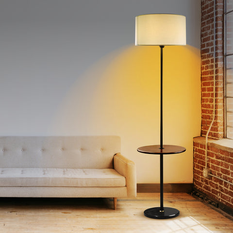 Mateo Modern Floor Lamp with Wooden Table Shelf + Black Italian Marble Base